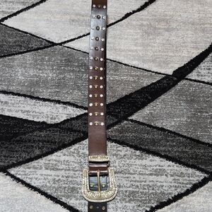 WESTERN RHINESTONES STUDDED ACCENTS BROWN FAUX-LEATHER BELT XL